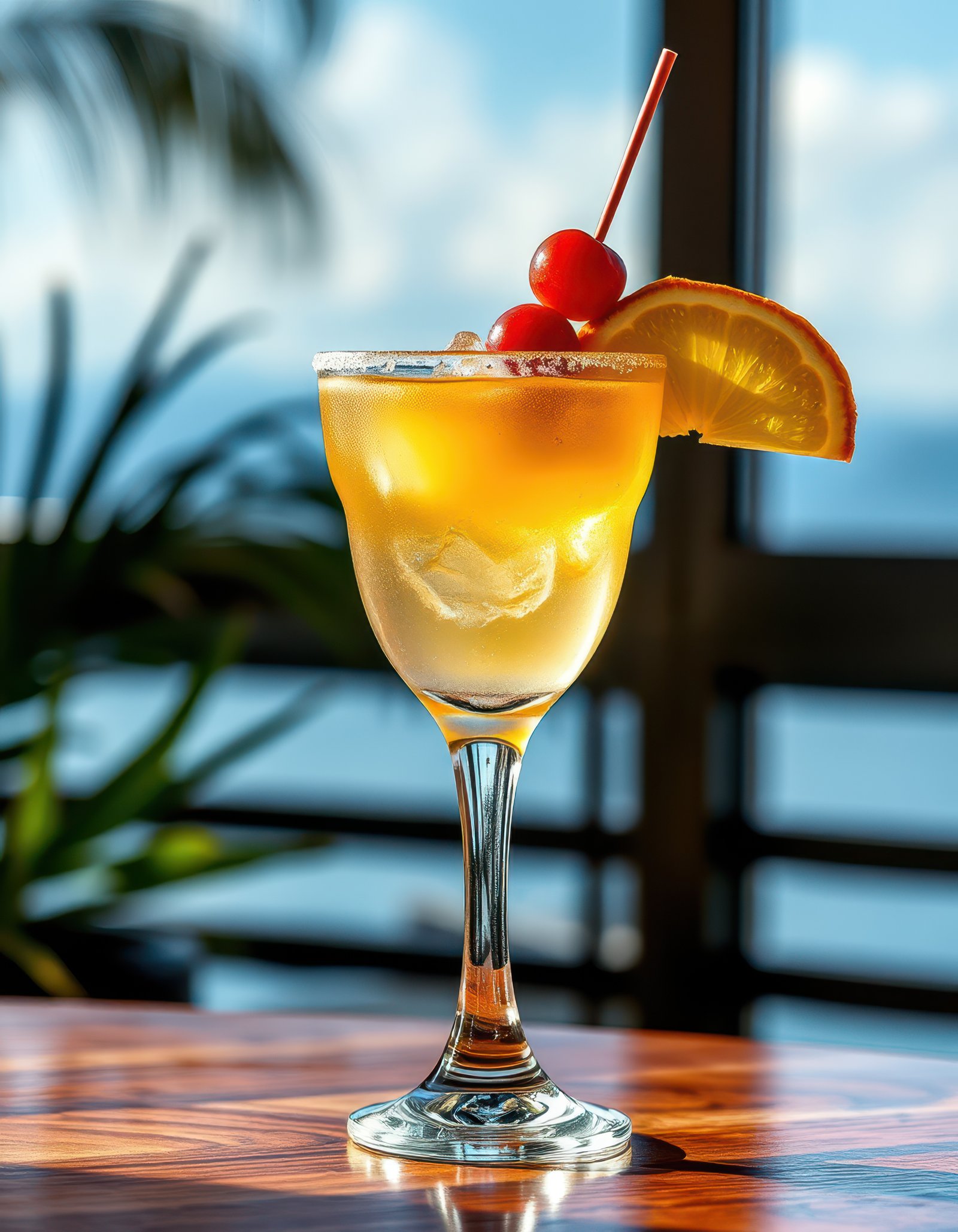 Refreshing tropical cocktail served in a glass with fruit garnishes in a sunny beachfront setting